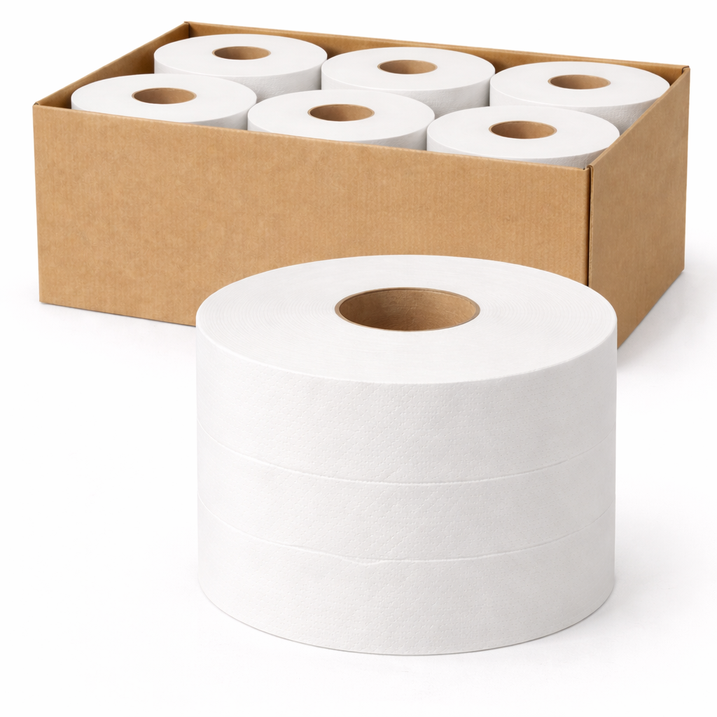 White toilet paper in a cardboard box on a white background