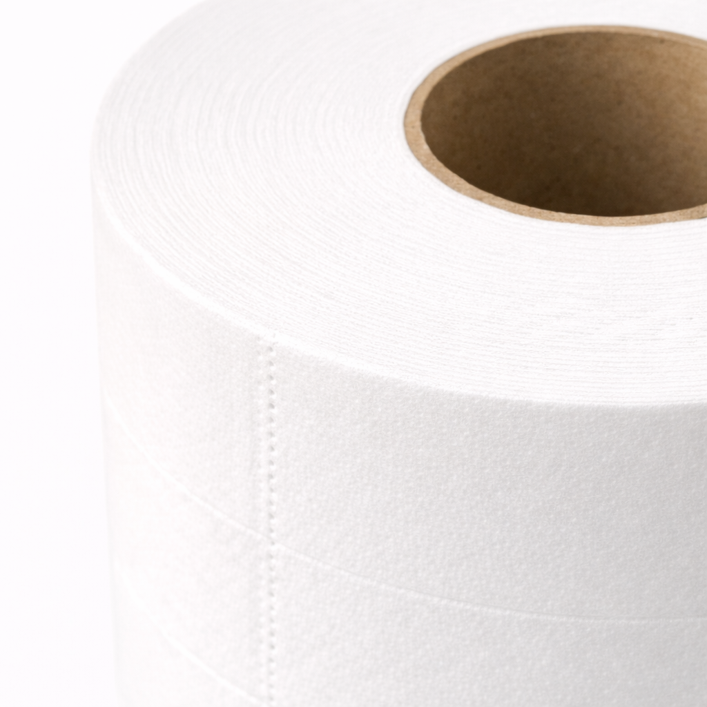Close-up of a roll of white paper with a wooden core on a white background
