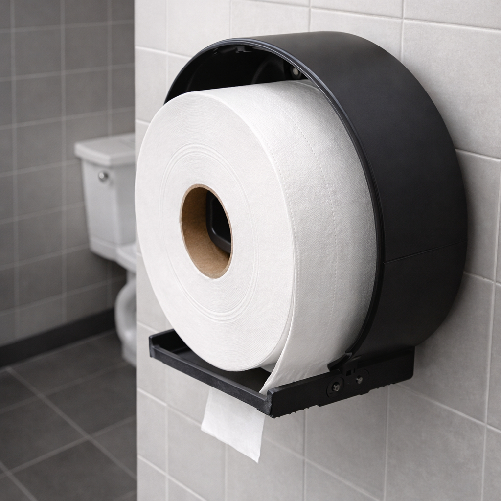 Black toilet paper holder with a roll of toilet paper mounted on a tiled bathroom wall.