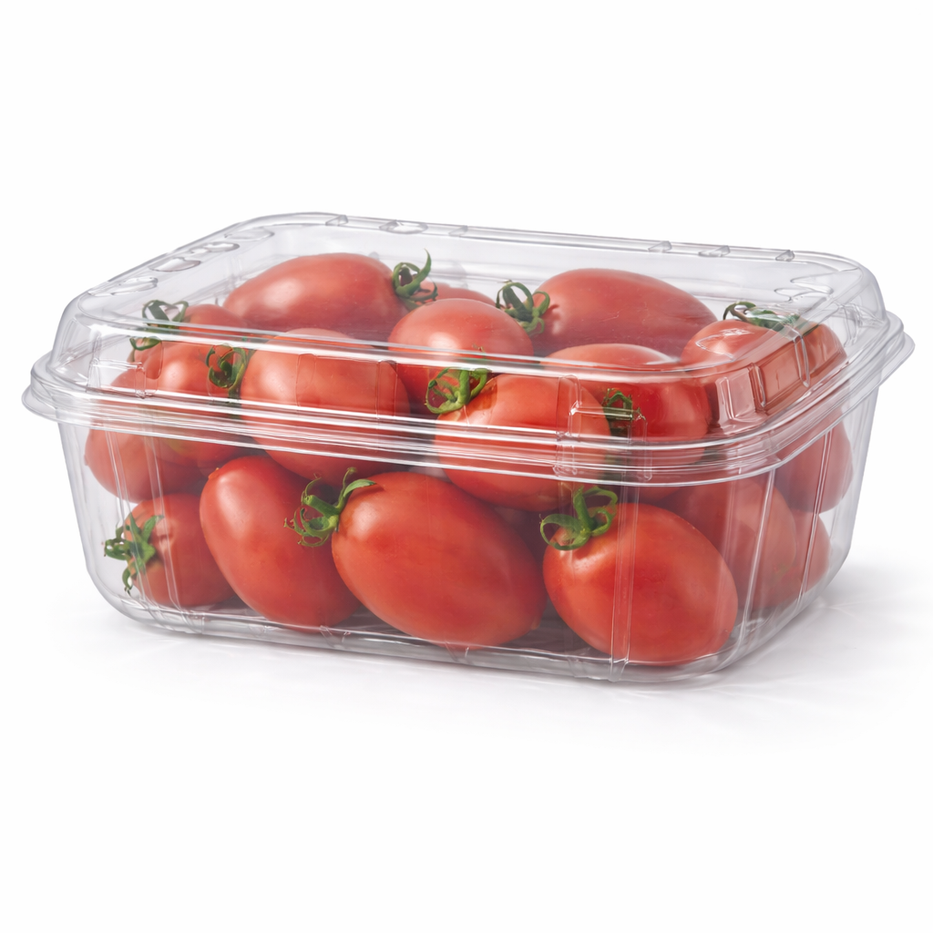 Clear plastic container filled with red tomatoes on a white background