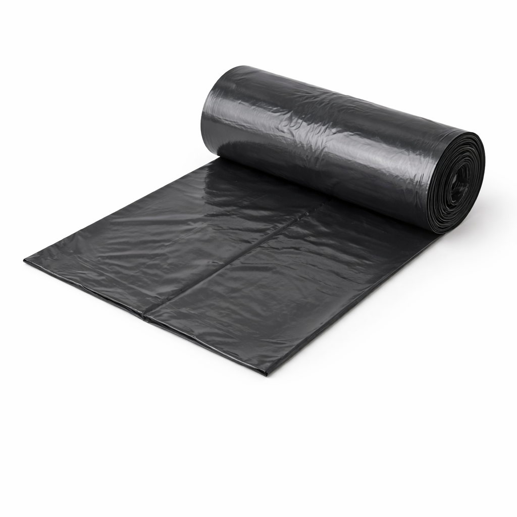 Roll of black plastic sheeting on a white background