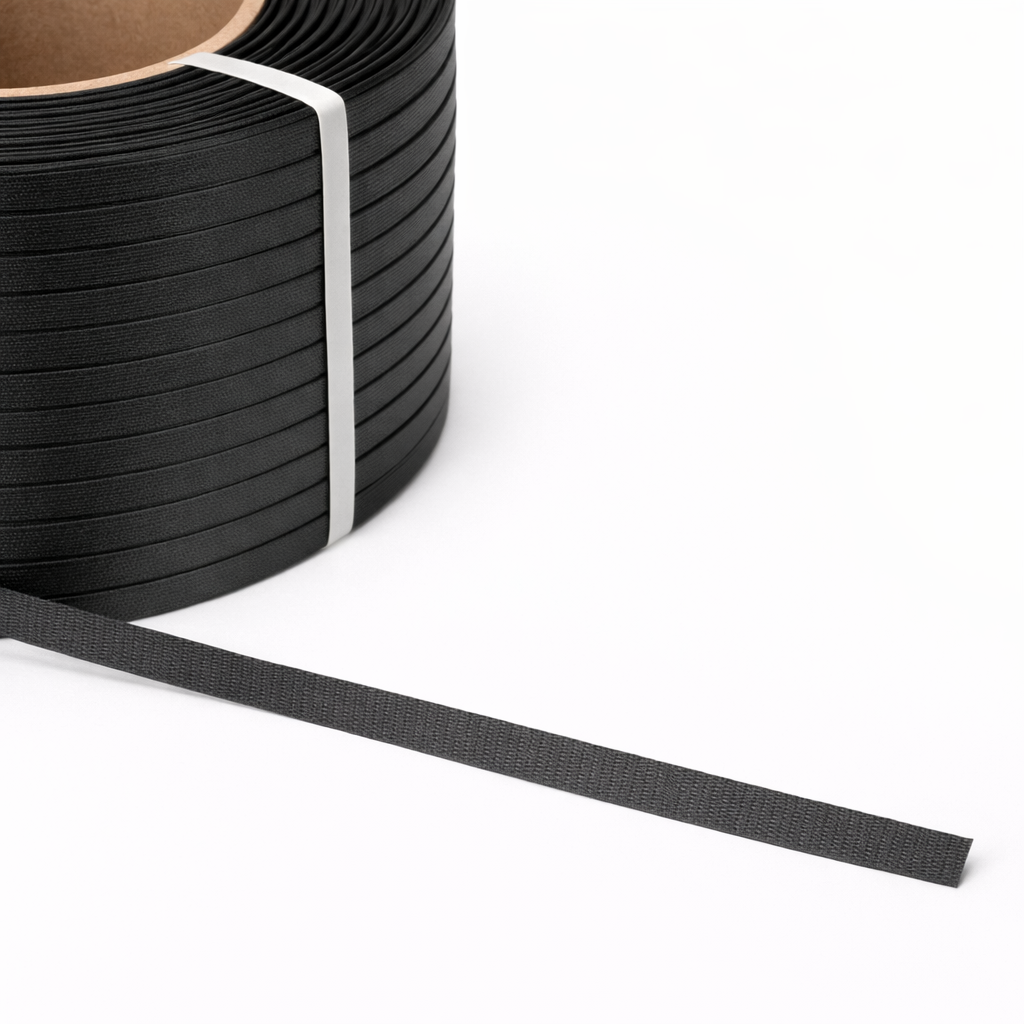 Roll of black webbing on a white background