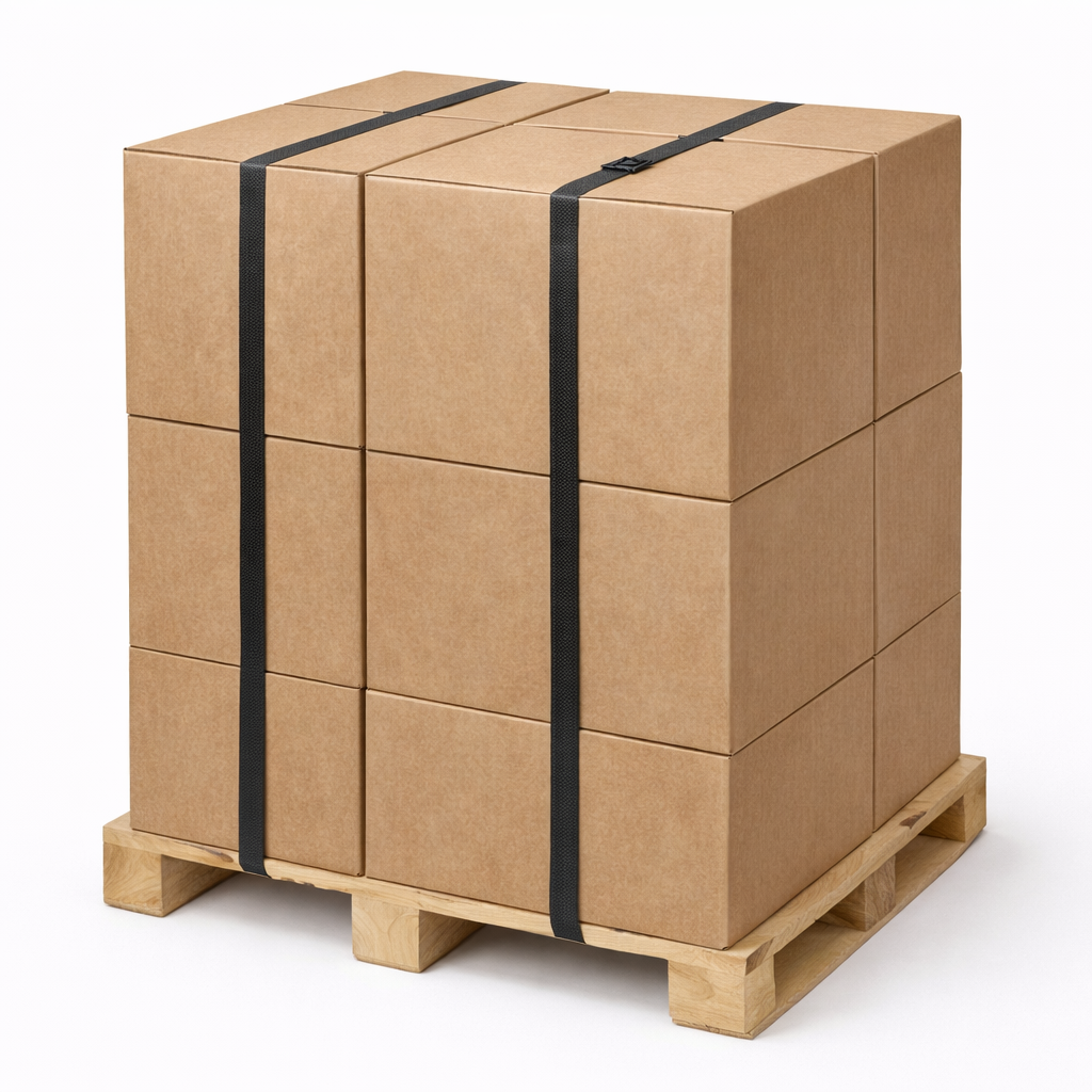 Stack of cardboard boxes tied with black straps on a wooden pallet against a white background
