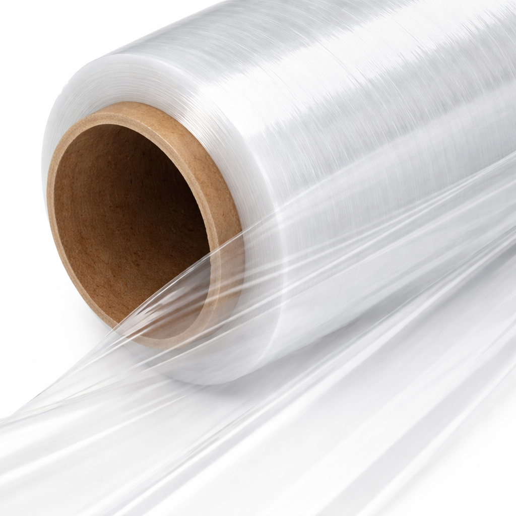 Roll of clear plastic wrap on a white background