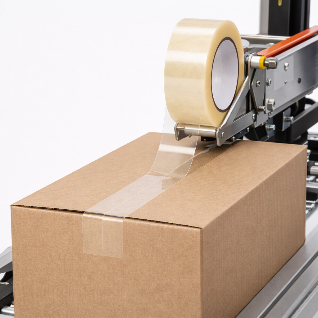 Machine tape applying clear tape to a cardboard box on a white background
