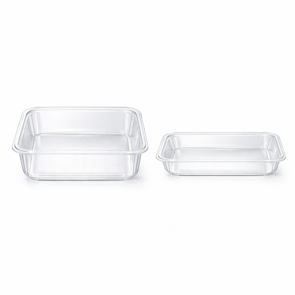 Two clear plastic food containers on a white background