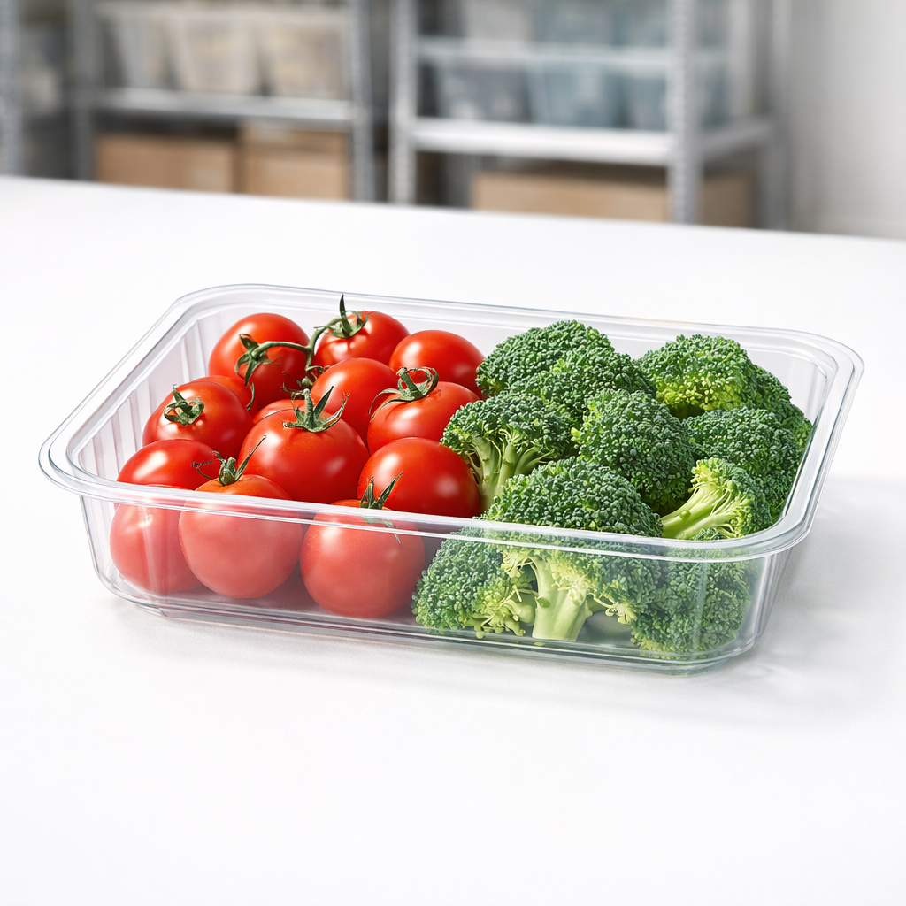 Clear plastic container with tomatoes and broccoli on a white surface