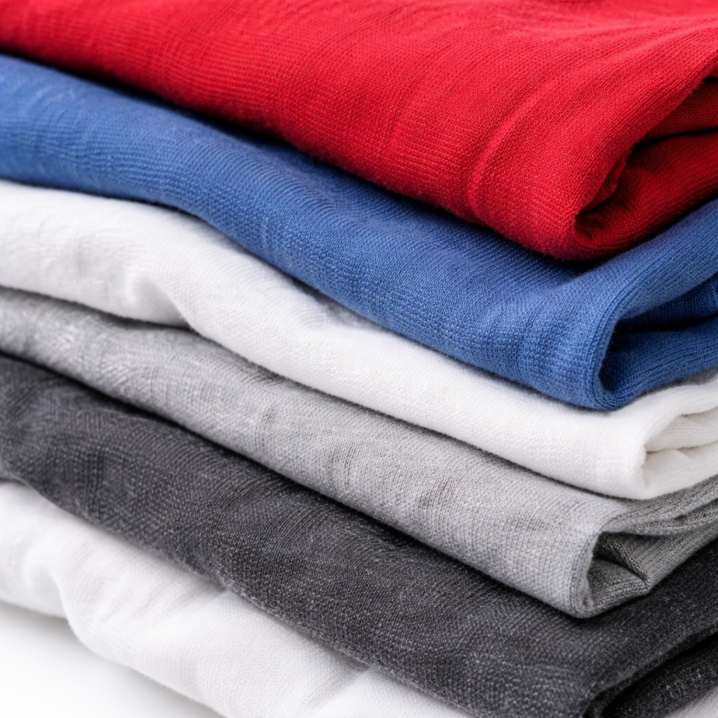 Stack of folded fabric in red, blue, gray, and white on a white background