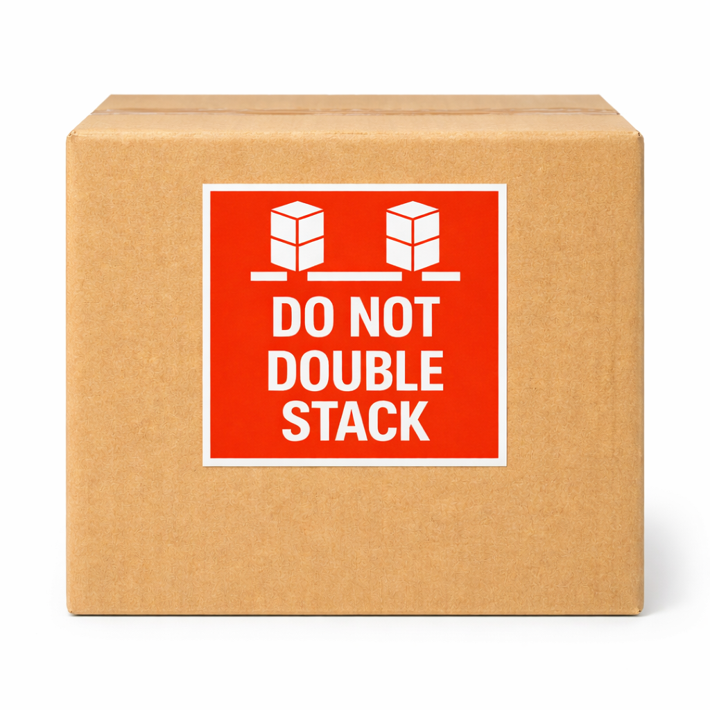 Brown cardboard box with a red 'Do Not Double Stack' label on a white background