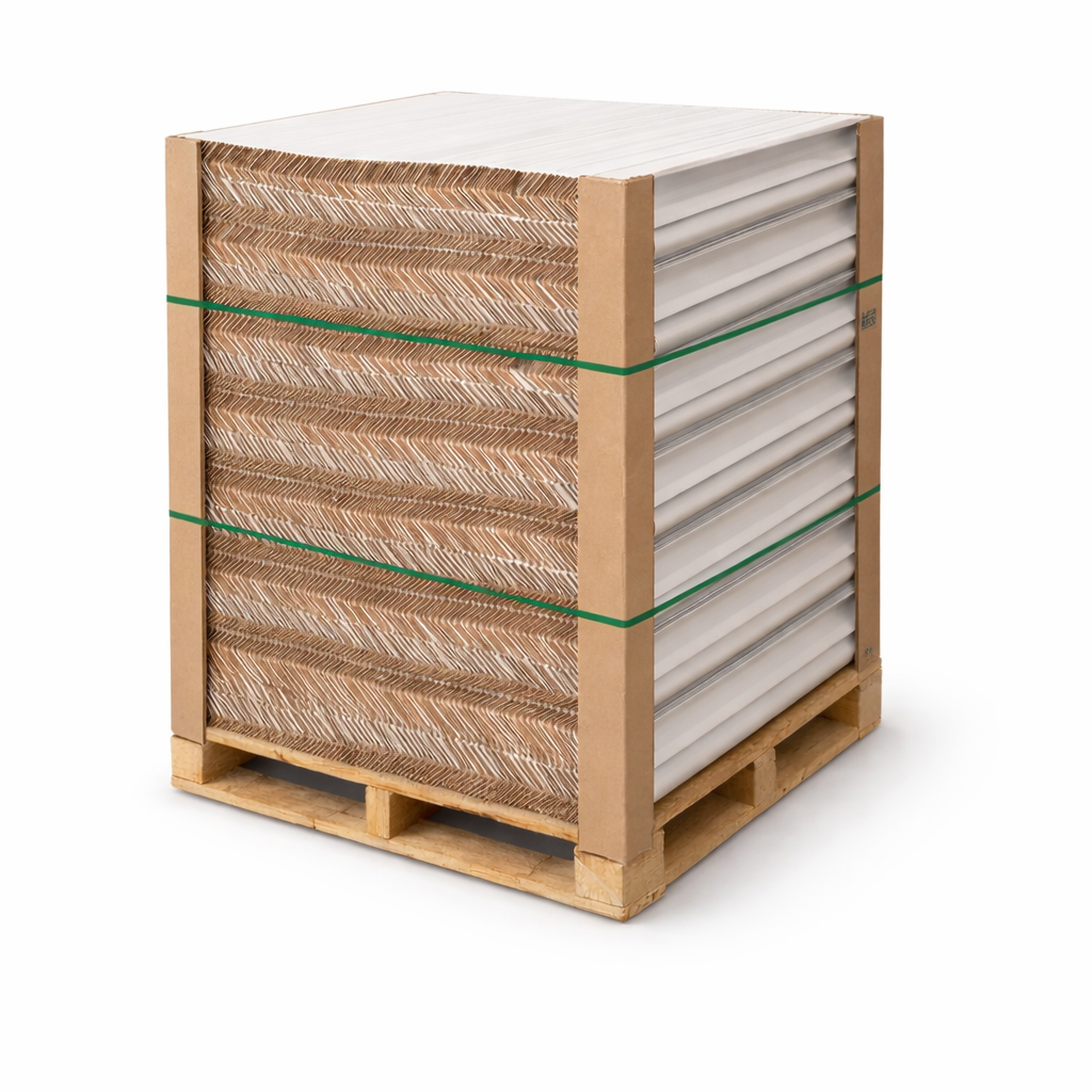 Wooden pallet with stacked items on a white background