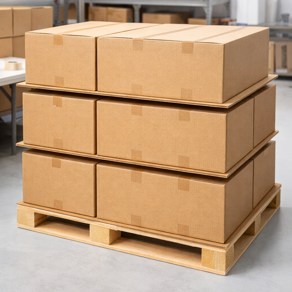 Stack of cardboard boxes on a wooden pallet in an indoor setting