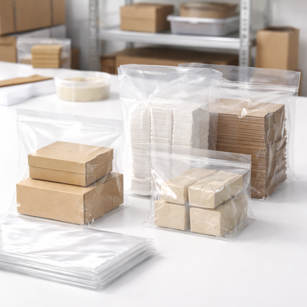 Clear plastic bags containing stacked brown boxes on a white surface with shelves in the background.