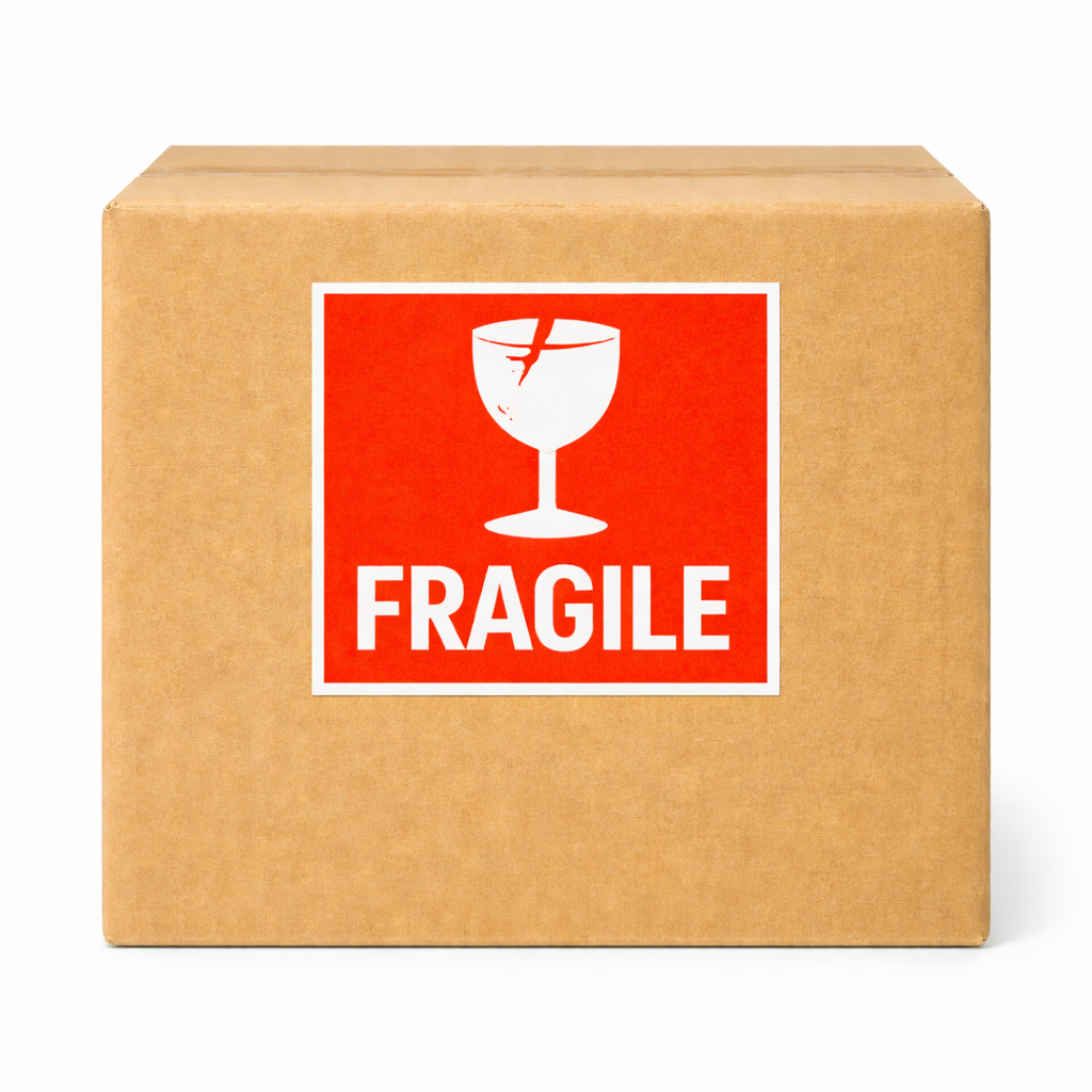 Brown cardboard box with a fragile label on a white background