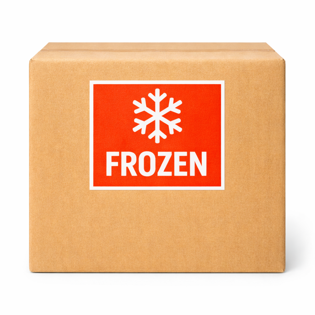 Cardboard box with a 'Frozen' label featuring a snowflake symbol on a white background