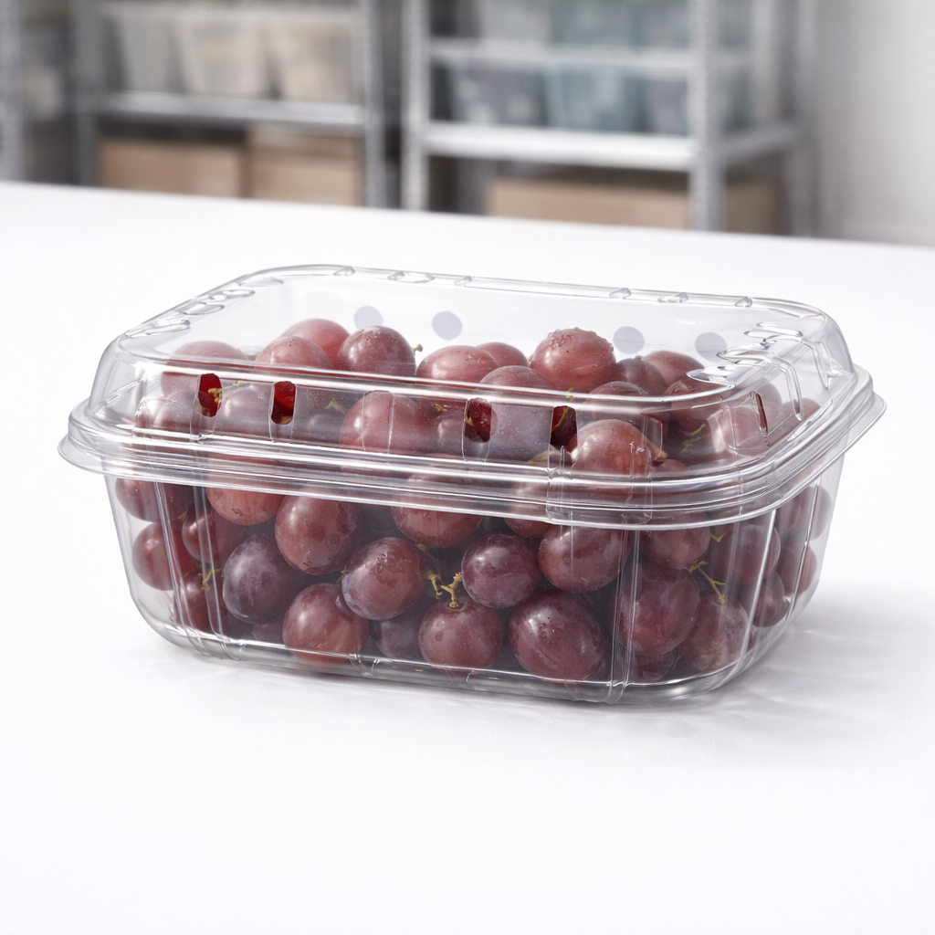 Clear plastic container filled with red grapes on a white surface