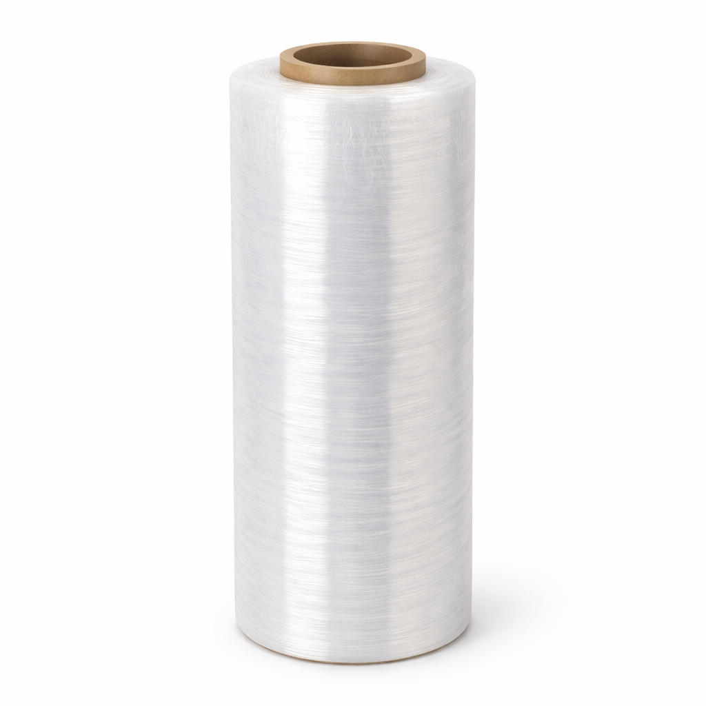 Roll of white shrink wrap on a white background