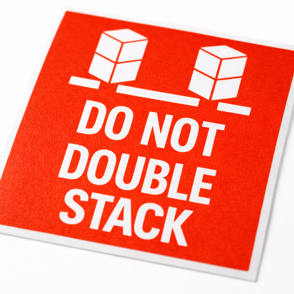 Red label with white text 'DO NOT DOUBLE STACK' and icon of stacked boxes on a white background