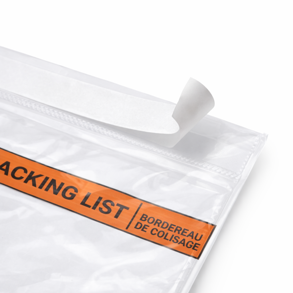 Clear plastic bag with an orange label reading 'Packing List' on a white background