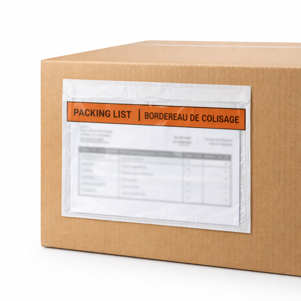 Cardboard box with a clear window displaying a packing list on a white background