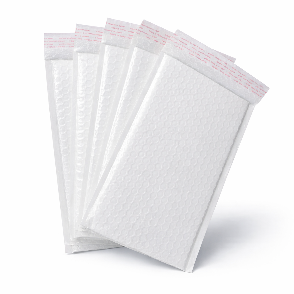 Stack of white bubble mailers with pink sealing strips on a white background