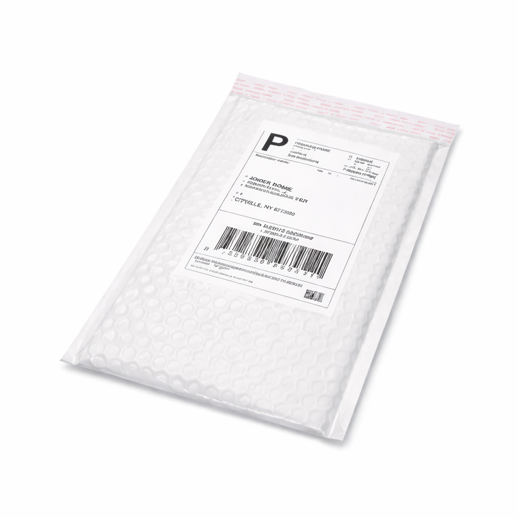 White bubble mailer with a shipping label on a white background