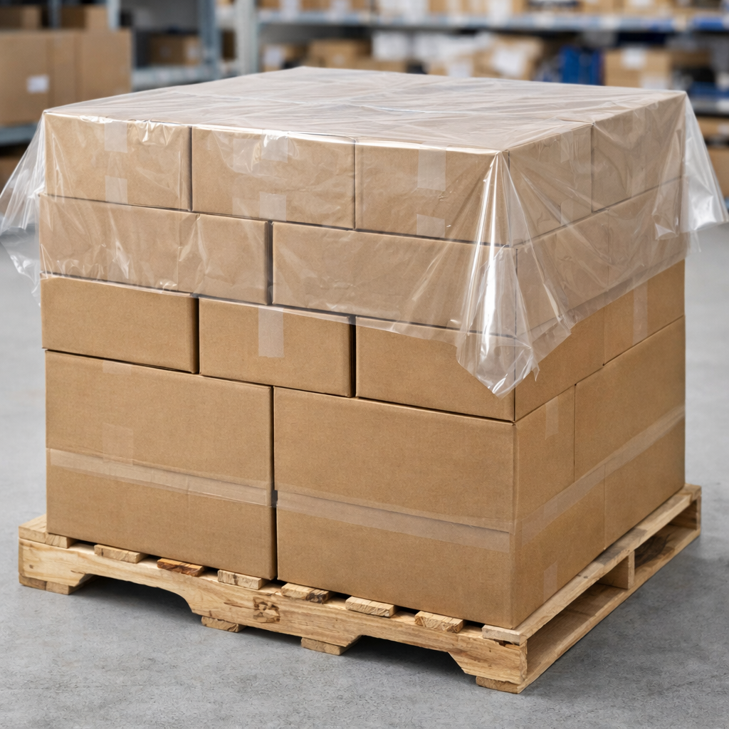 Stack of cardboard boxes on a pallet with clear plastic wrap in a warehouse setting