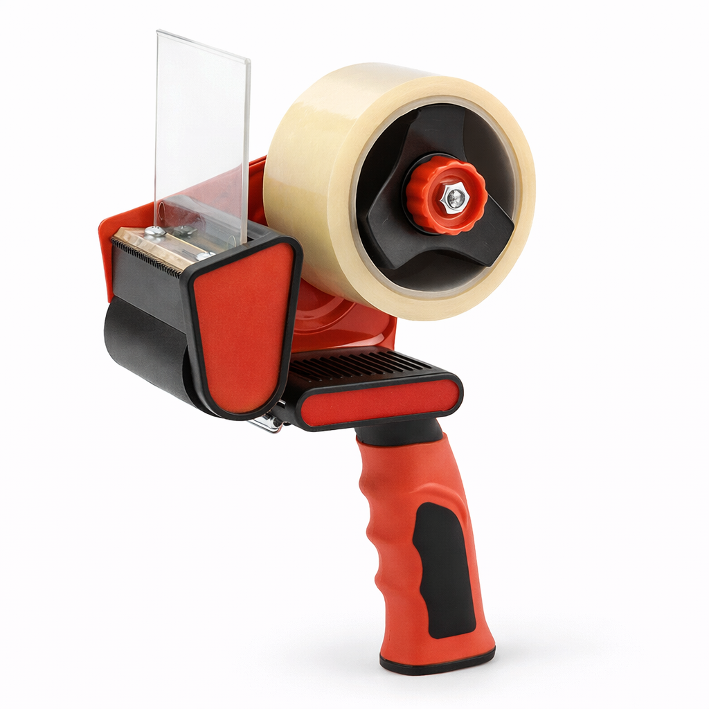 Red and black tape dispenser with a clear tape roll on a white background