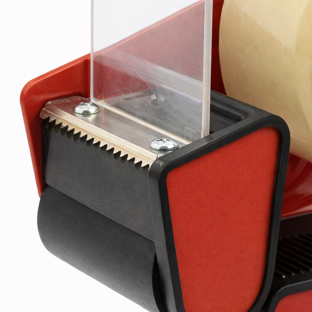 Close-up of a red and black tape dispenser with a clear tape roll.
