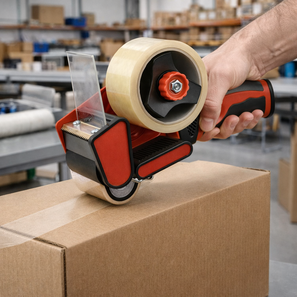 Hand using a tape dispenser to seal a cardboard box in a warehouse setting
