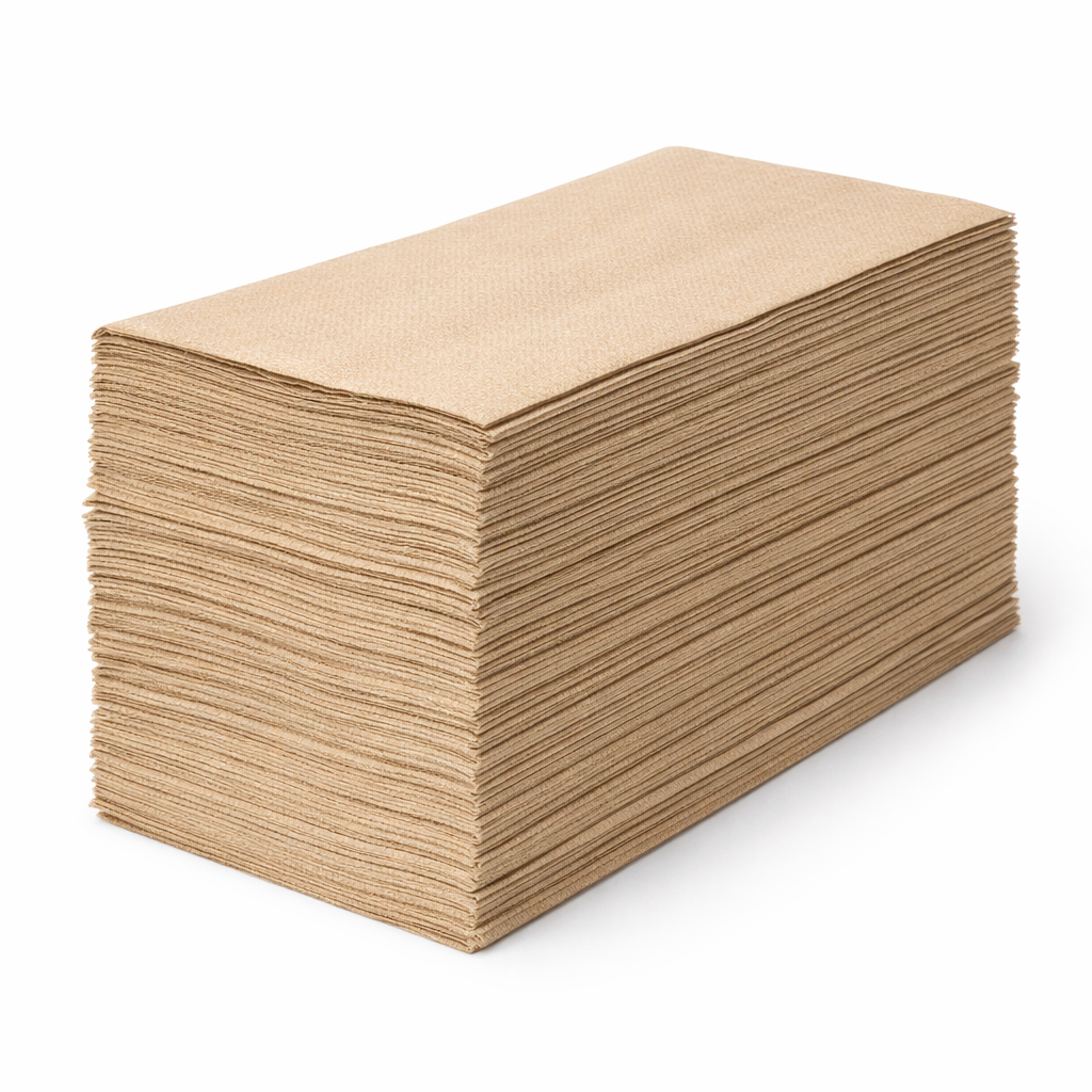 Stack of brown paper towels on a white background
