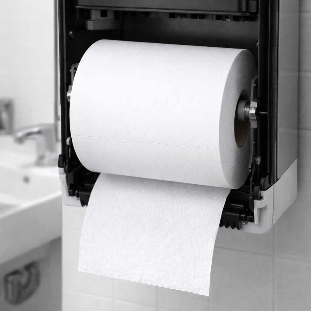 Roll of paper towel on a holder in a bathroom setting