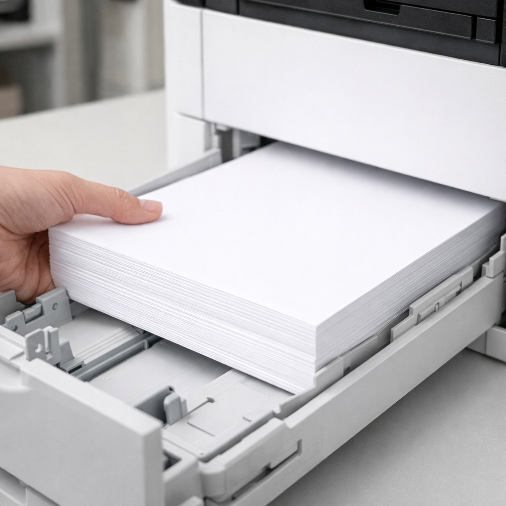 Hand loading a stack of white paper into a printer.