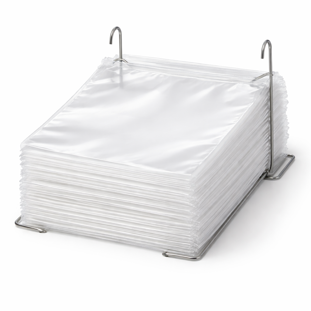 Stack of white bags on a metal stand with a white background