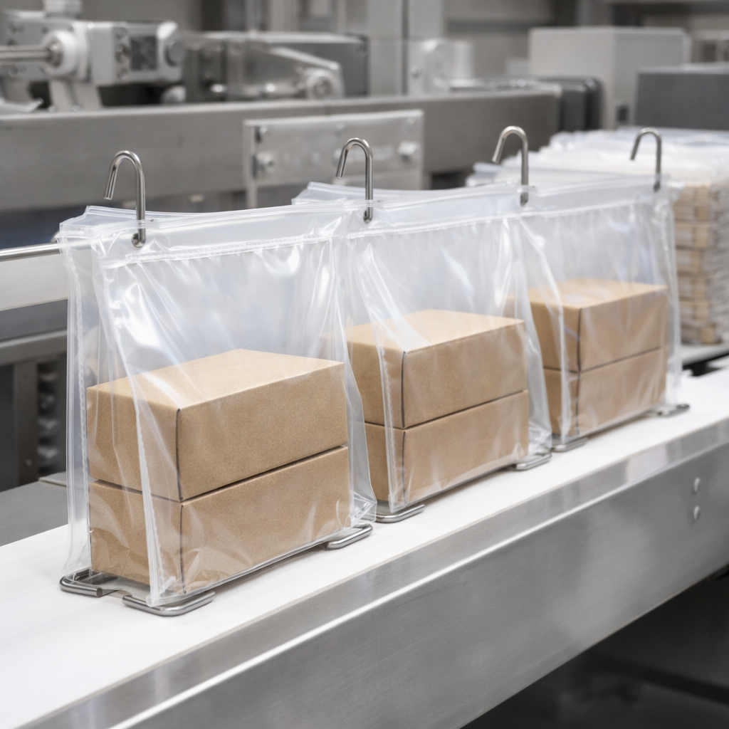 Boxes in clear plastic bags on a conveyor belt in an industrial setting
