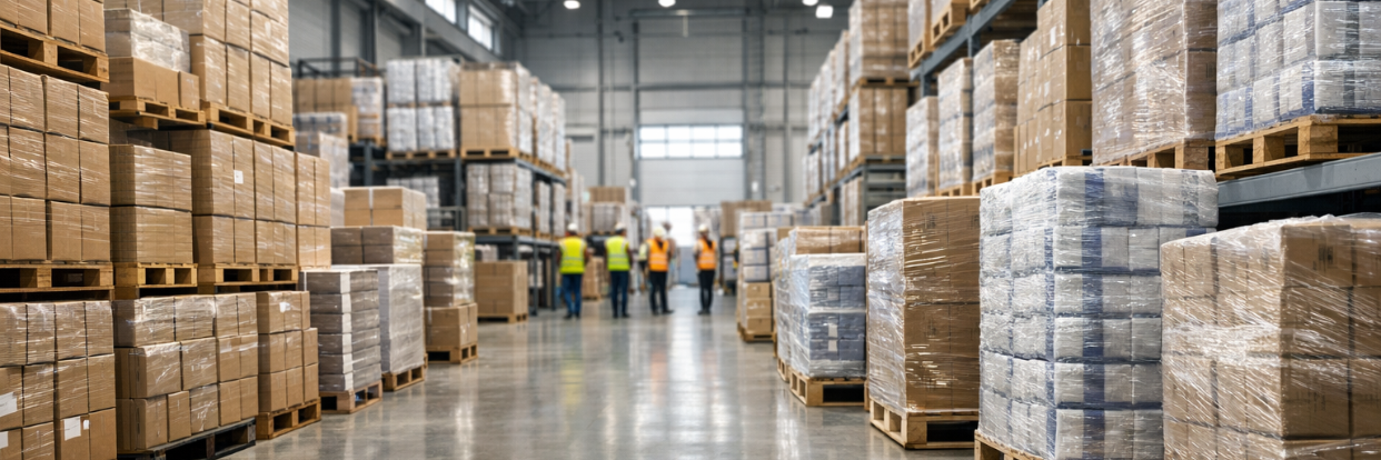 Warehouse with stacks of cardboard boxes and workers in safety vests.