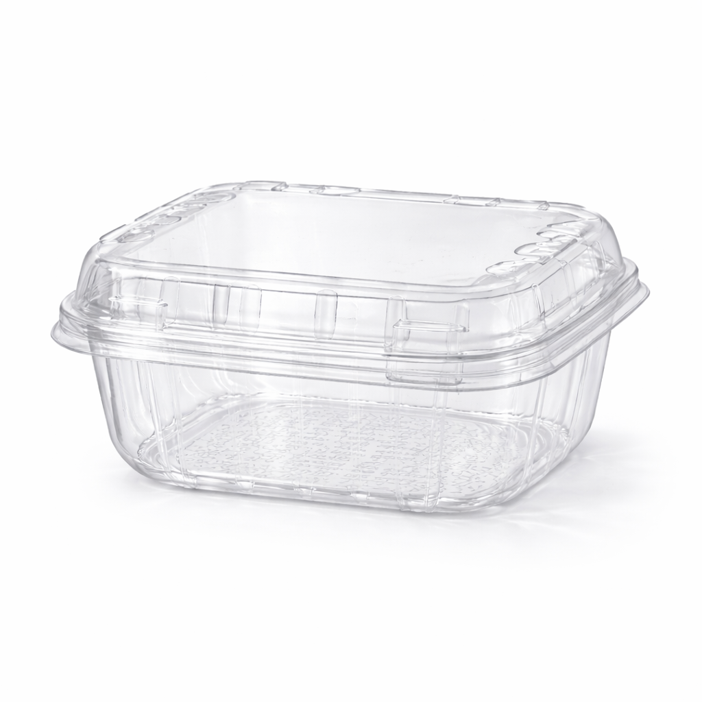 Clear plastic food container with lid on a white background