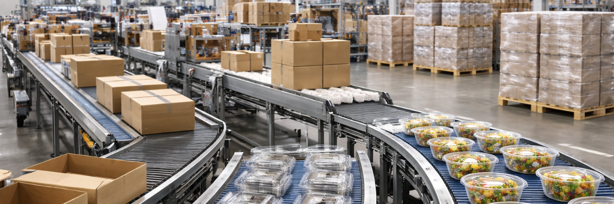 Warehouse with conveyor belts transporting boxes and pallets of goods.