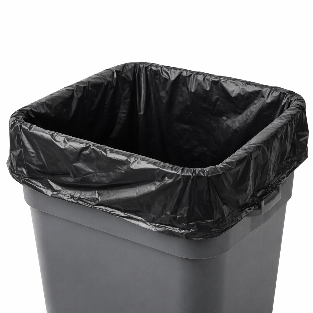 Gray trash bin with a black trash bag on a white background