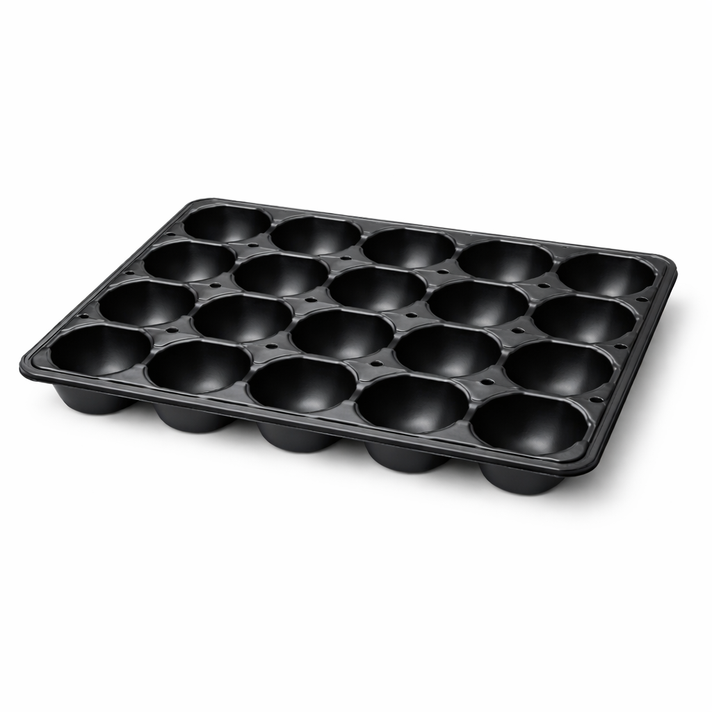 Black tomato tray with multiple compartments on a white background