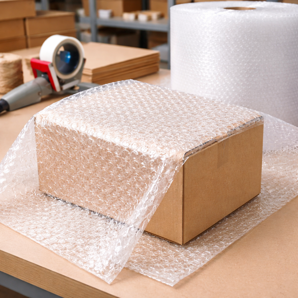 Cardboard box wrapped in bubble wrap on a table with packaging supplies in the background.