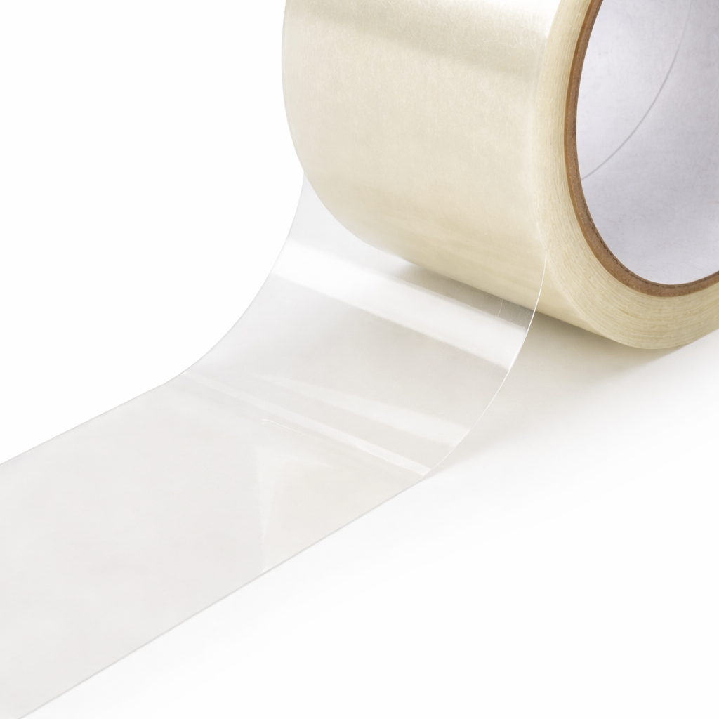 Clear tape roll on a white background