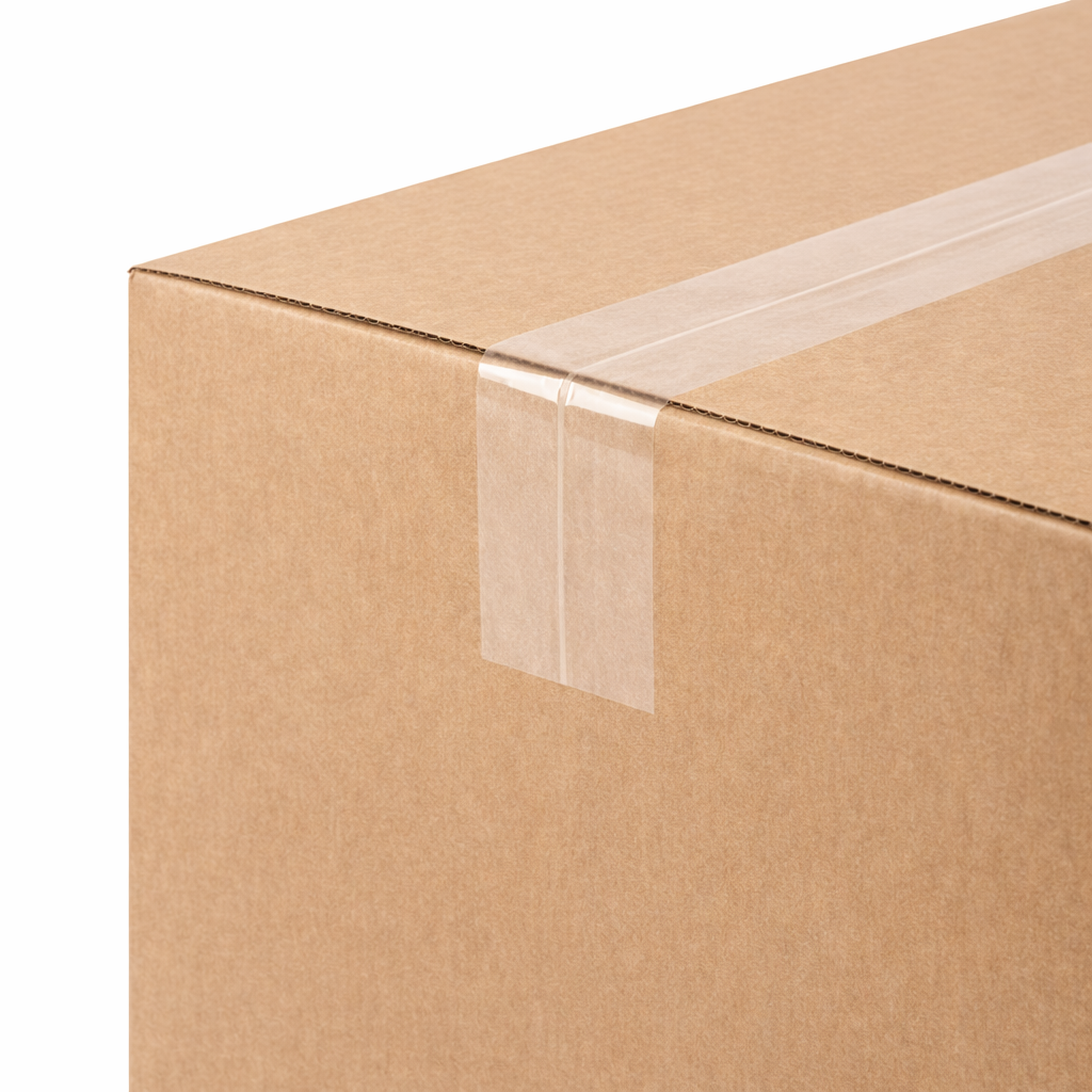 Close-up of a cardboard box with a clear tape seal on a white background