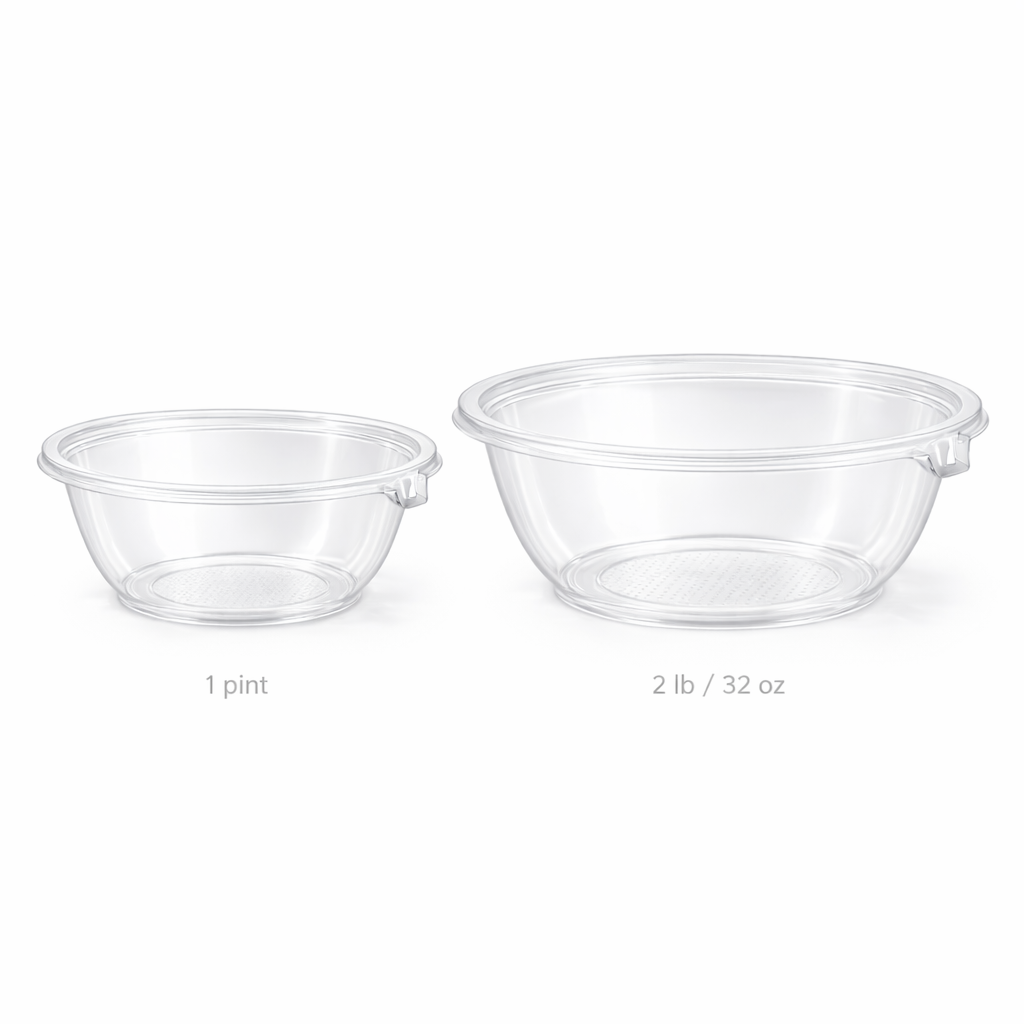 Two clear plastic containers with labels indicating size on a white background
