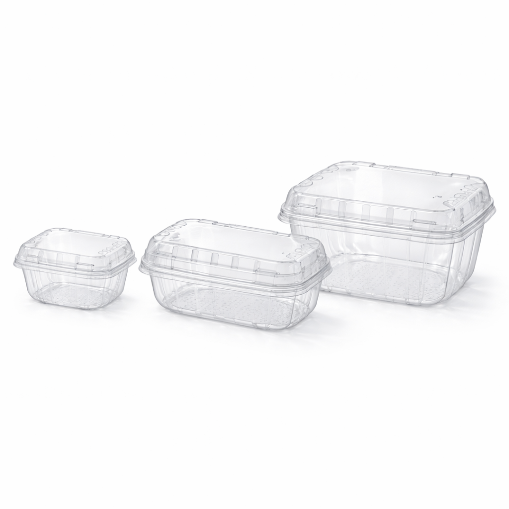 Three clear plastic food containers with lids on a white background
