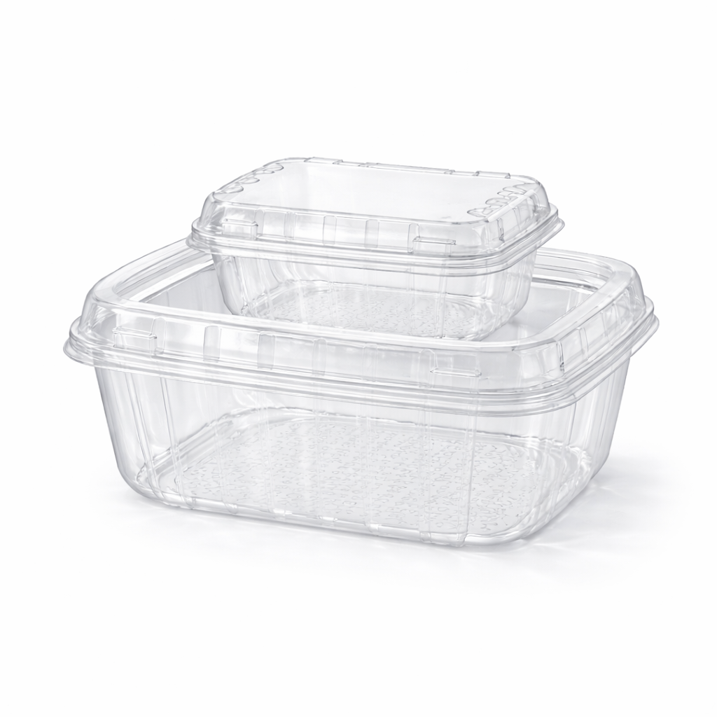 Clear plastic food containers with lids on a white background