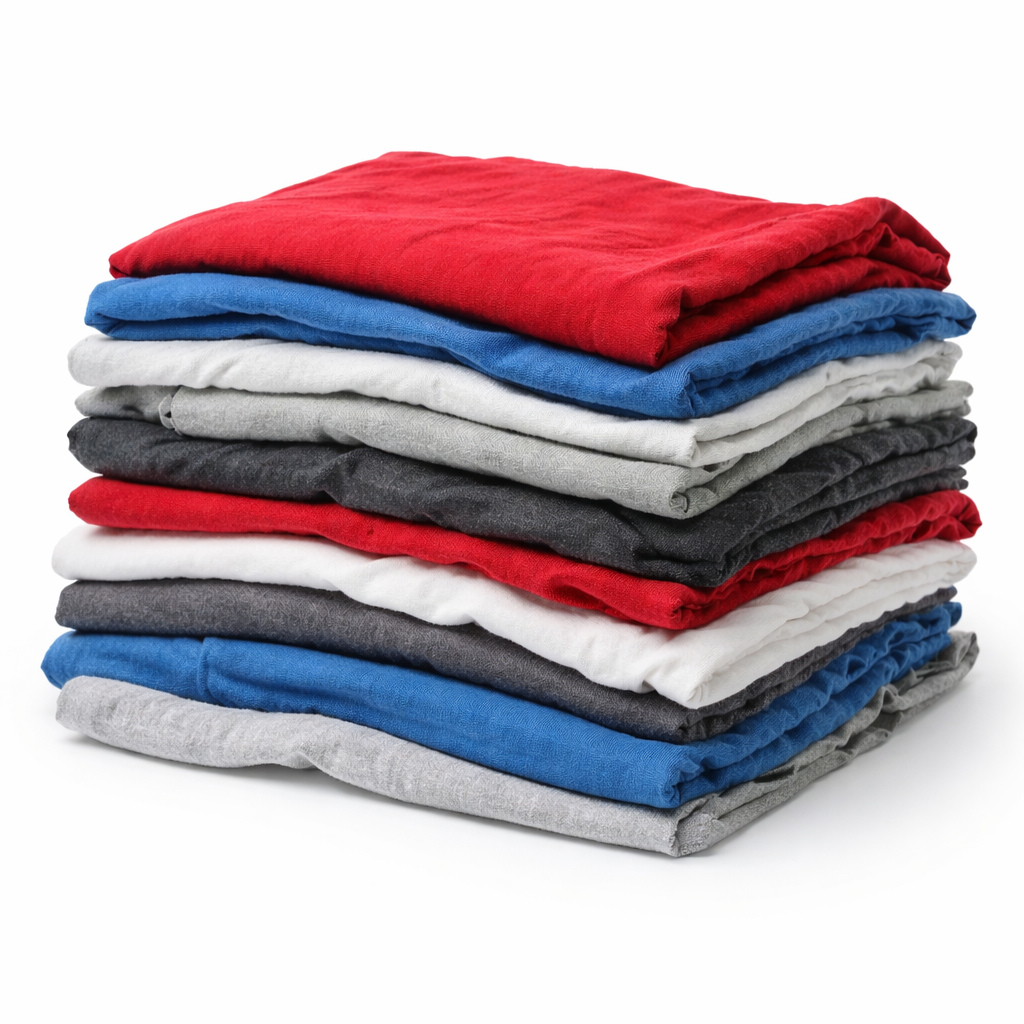 Stack of folded clothes in red, blue, gray, and white on a white background