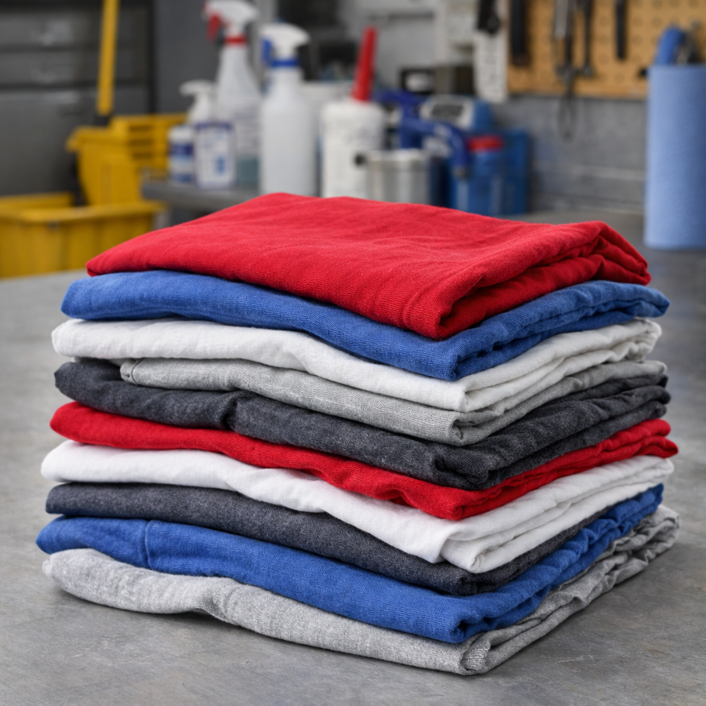 Stack of folded colorful towels in a workshop setting