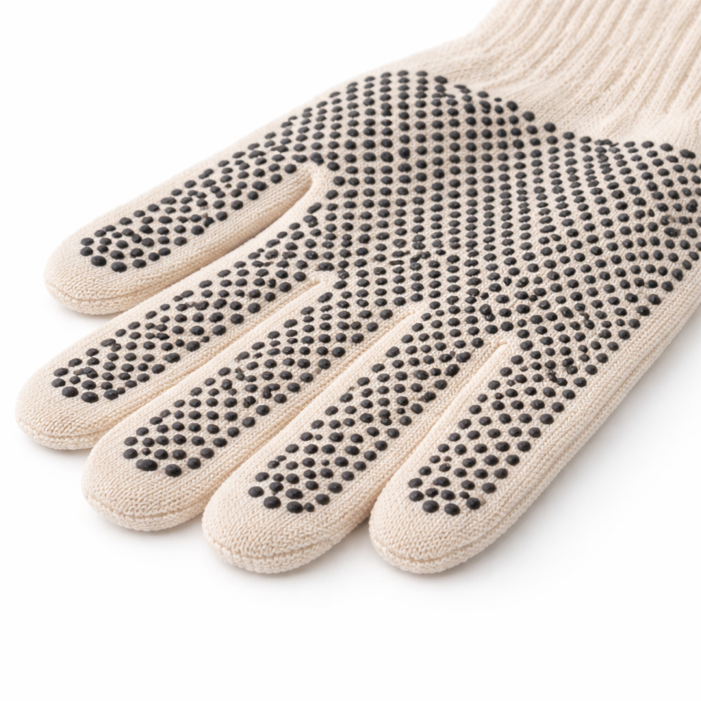 Pair of beige massage gloves with textured surface on a white background