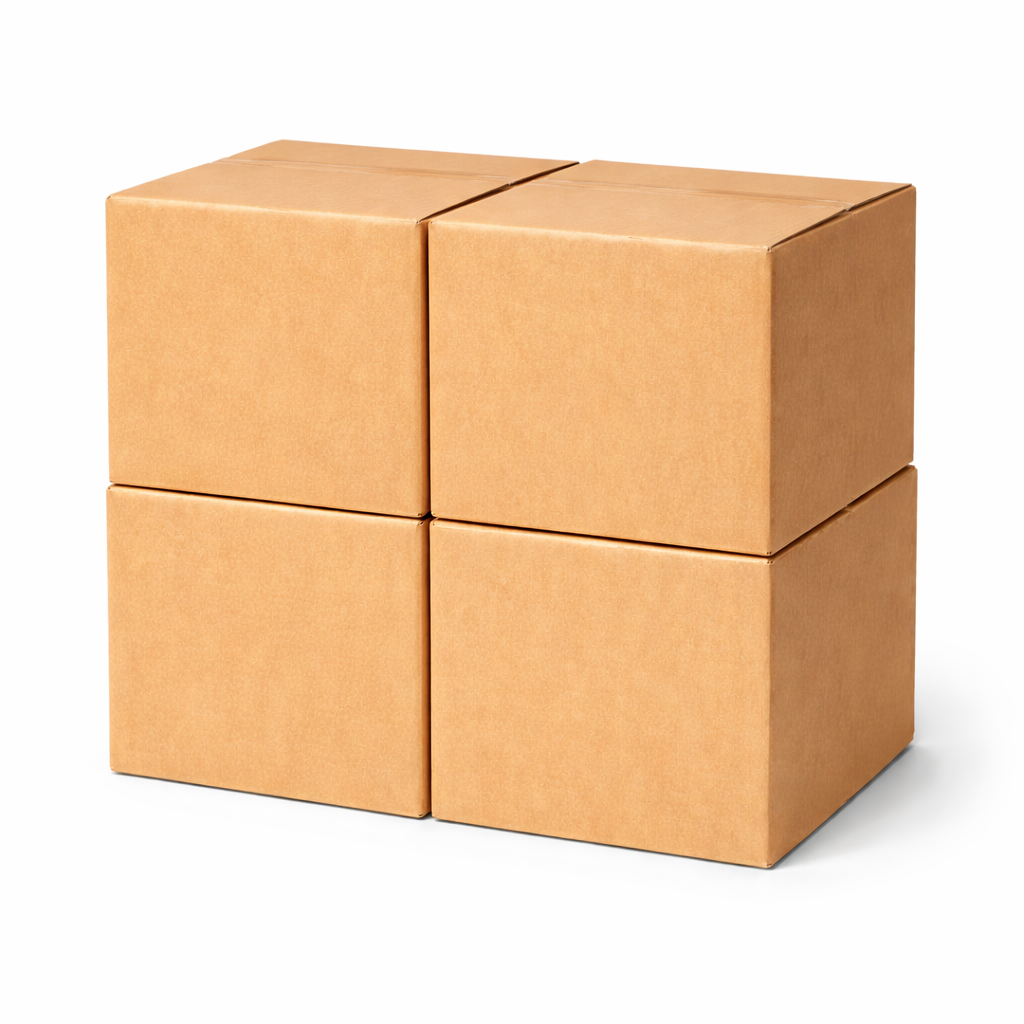 Stack of four brown cardboard boxes on a white background
