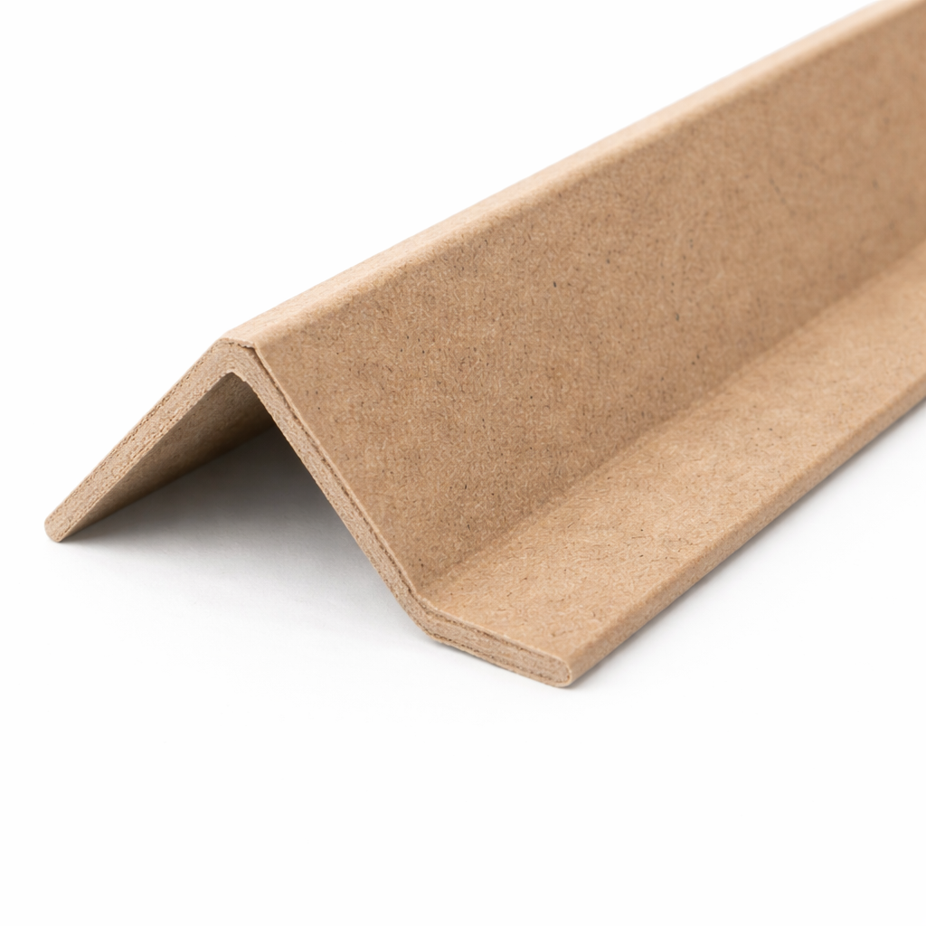 Brown cardboard corner protector on a white background